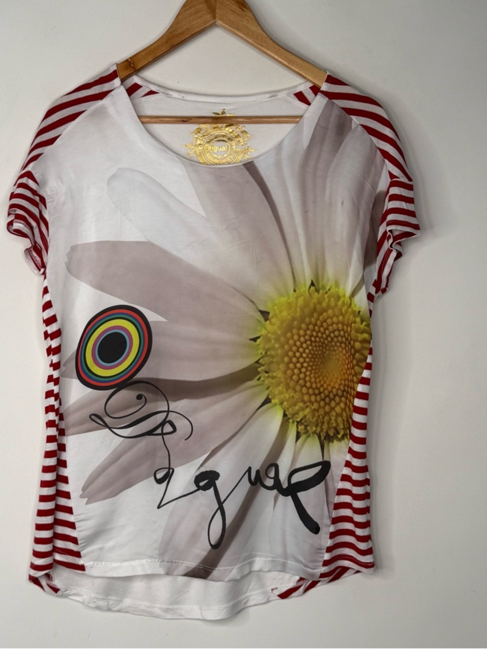 Desigual TShirt Short Sleeve White Red Striped Yellow Daisy Size XL